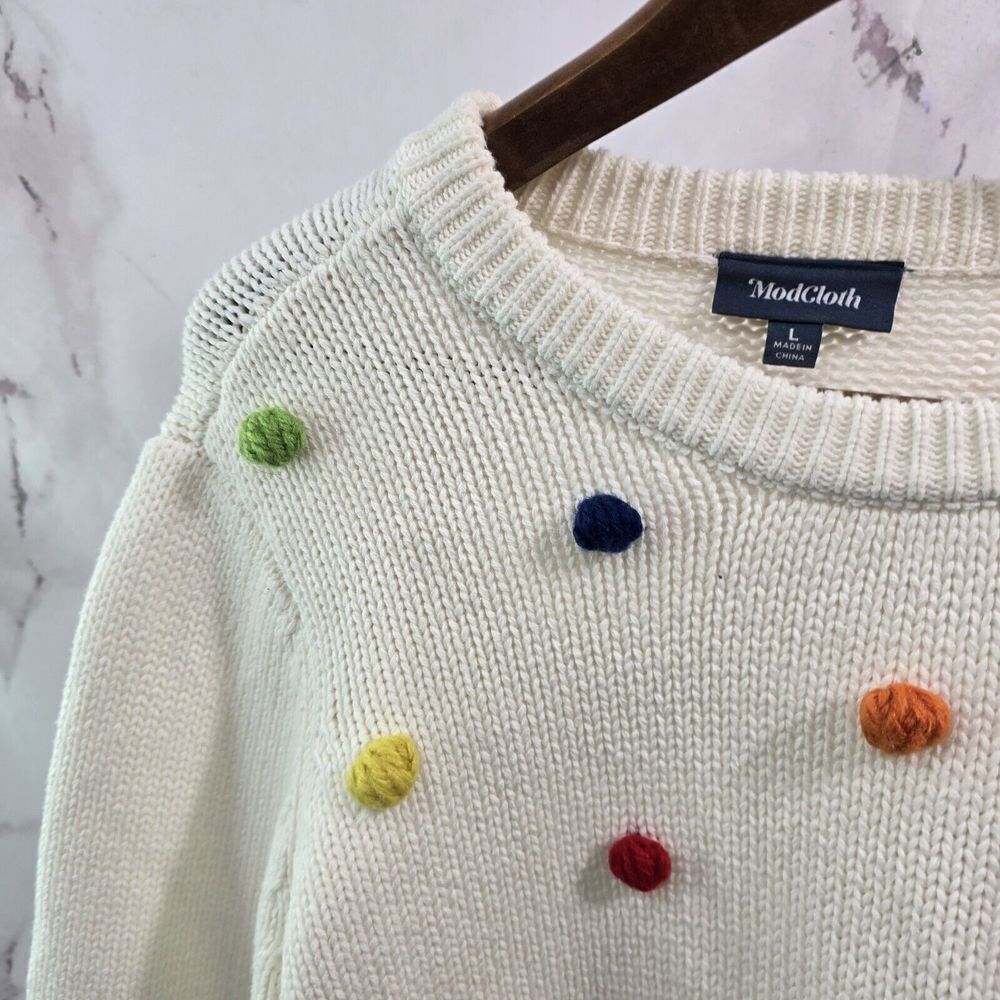 Modcloth Sweater Womens Large White Red Pom Puff Rainbow Blowing Bubbles Mod - Picture 2 of 11